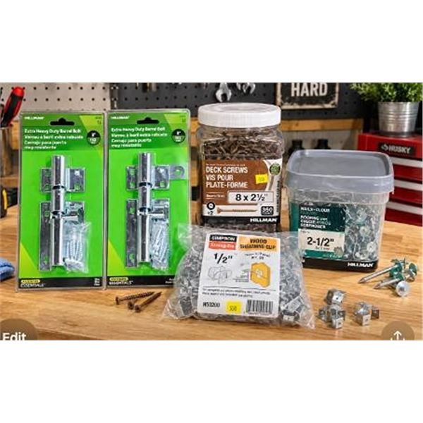Hardware Lot: Barrel Bolts, Deck Screws, Nails, Sheathing Clips