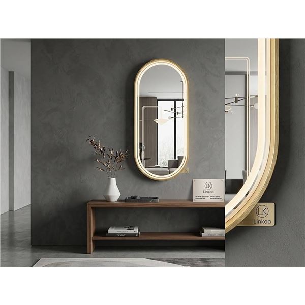 Linkaa Brass Oval LED Mirror 20in Backlit Stainless Steel