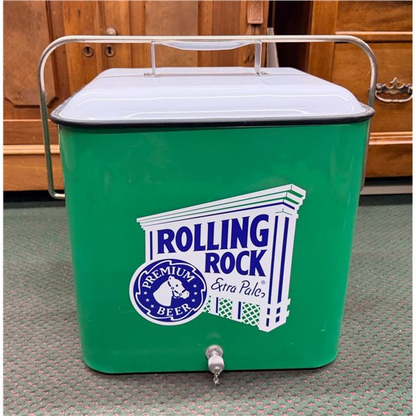 VINTAGE ROLLING ROCK EXTRA PALE BEER GREEN METAL ADVERTISING ICE CHEST COOLER WITH A WHITE LID