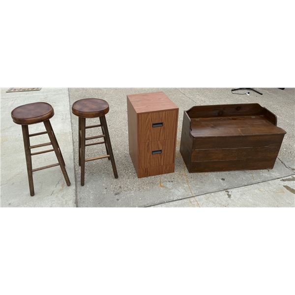 BAR STOOLS, FILE CABINET, AND WOODEN BENCH WITH STORAGE