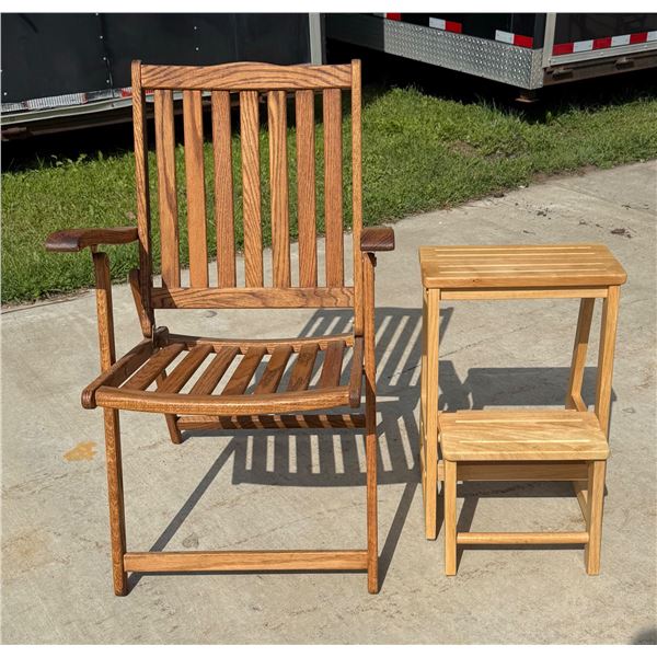 ANTIQUE WOODEN SIDE CHAIR AND STEP STOOL