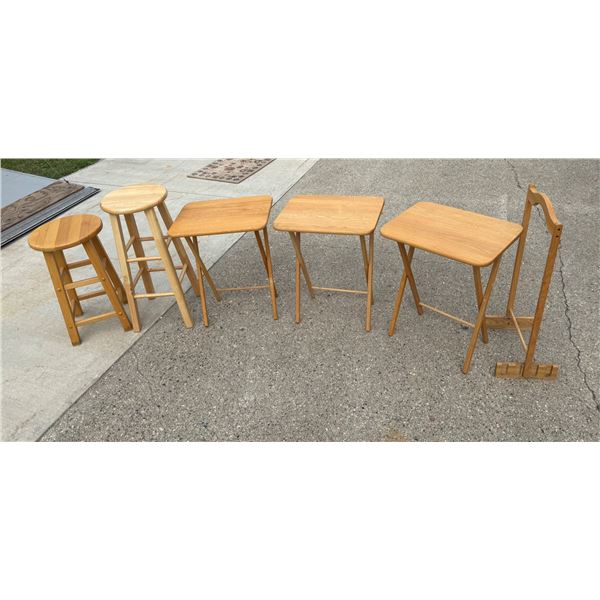 WOODEN STOOLS AND TV TRAY TABLES