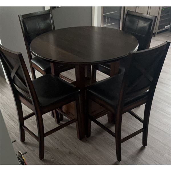 Dark Wood Round Counter-Height Pub Table with 4 Leatherette Chairs