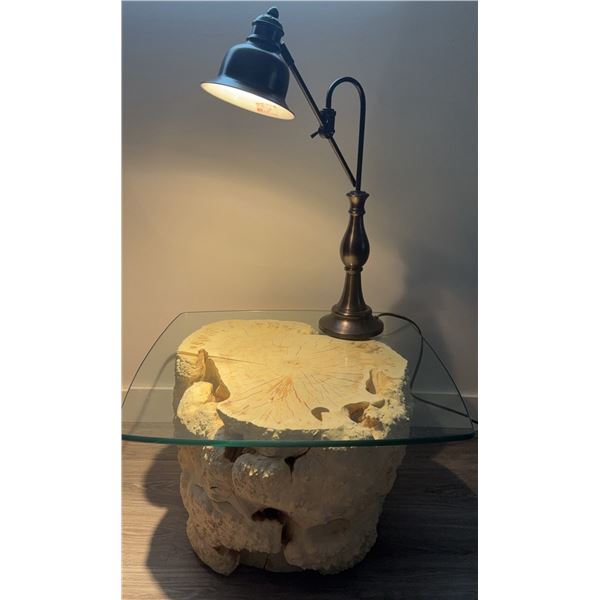 Square Glass-Top Side Table with Natural Wood Burl Base and Metal Desk Lamp