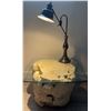Image 1 : Square Glass-Top Side Table with Natural Wood Burl Base and Metal Desk Lamp