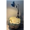 Image 2 : Square Glass-Top Side Table with Natural Wood Burl Base and Metal Desk Lamp
