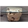 Image 4 : Square Glass-Top Side Table with Natural Wood Burl Base and Metal Desk Lamp