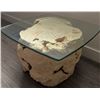 Image 6 : Square Glass-Top Side Table with Natural Wood Burl Base and Metal Desk Lamp