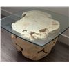 Image 7 : Square Glass-Top Side Table with Natural Wood Burl Base and Metal Desk Lamp