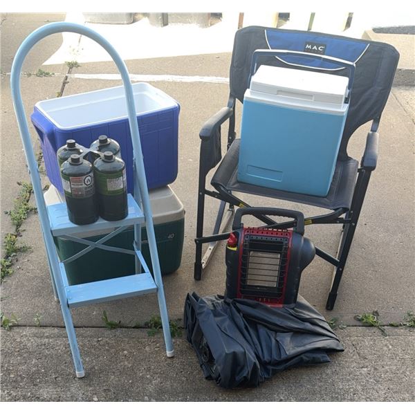 Outdoor Camping Gear Lot with Mr. Heater, Coolers, Chair and Accessories