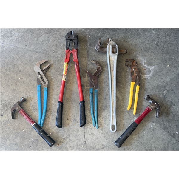 Hand Tools Including Claw Hammers, Pliers, Pipe Wrench and Bolt Cutters