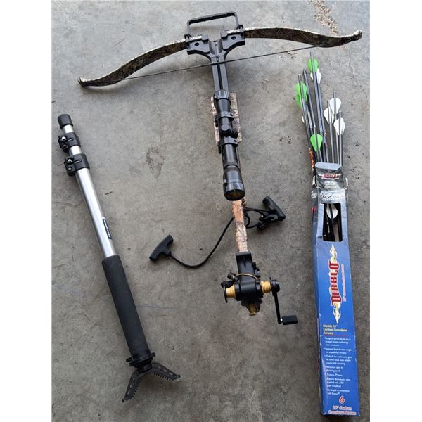 Compound Crossbow with Camouflage Stock, Scope, Crank, Monopod Stand, and Arrows