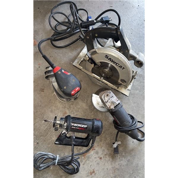 4 Power Tools Including RotoZip, Milwaukee Sander, Industrial Angle Grinder, and Sawcat Circular Saw