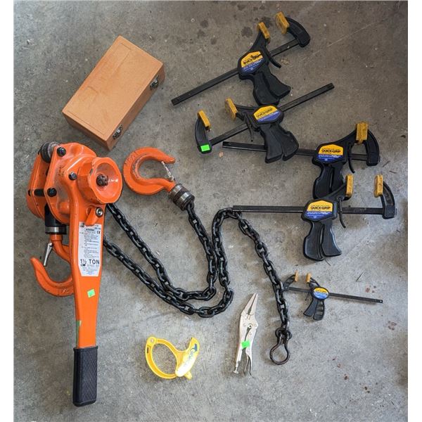 Hand Tools Including Lever Hoist, Quick-Grip Bar Clamps and Utility Knife Set