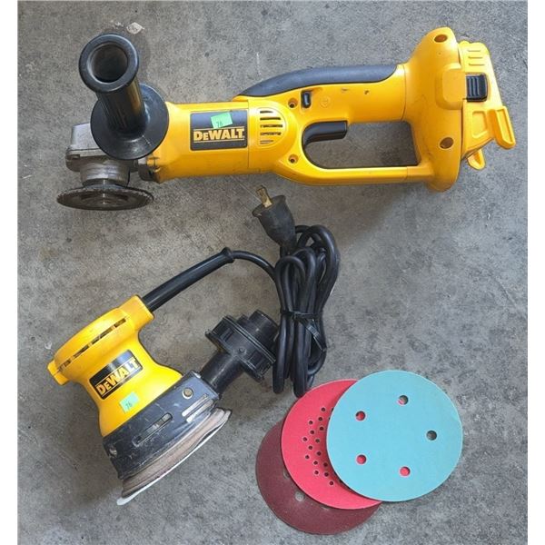 DeWalt Cordless Angle Grinder, DeWalt Electric Orbital Sander, and Sanding Discs