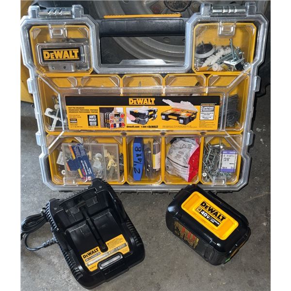 DeWalt 40V Lithium Ion Battery DCB404, Charger DCB1114, and Organizer Case with Fasteners