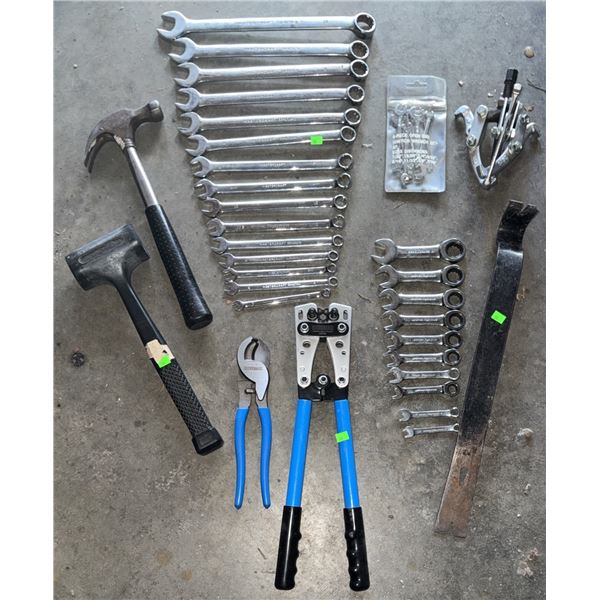 Hand Tool Lot Including Wrenches, Hammers, Pry Bar, Pliers, and Crimper