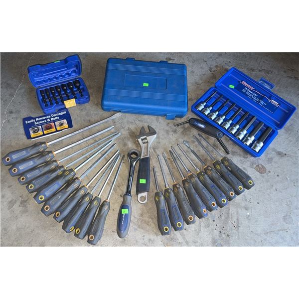 Hand Tool Lot with Westward Hex Bit Set, Screwdriver Set, Adjustable Wrench, Extractor Set