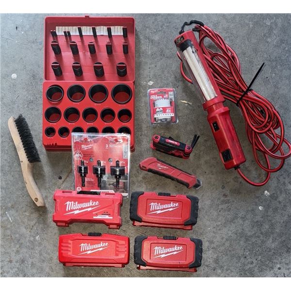 Milwaukee Drill Bit Sets, Hole Dozer, Shockwave Sockets, Hand Tools, and Light Assortment