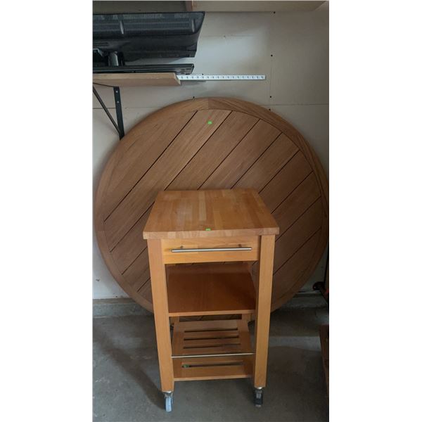 Wood Utility Cart with Drawer and Shelves Plus Large Round Wood Tabletop