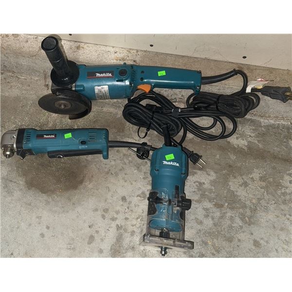 Makita Power Tool Lot: 3709 Router, DA3010F Angle Drill, 9005B Angle Grinder