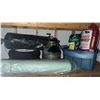 Image 1 : Garage Lot with Tires, Milk Can, Lawn Fertilizer, and Blue Storage Bin