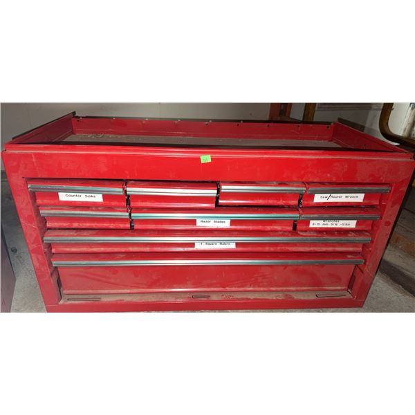 Red Metal Tool Chest with Assorted Hand Tools, Cutters, and Grinding Discs