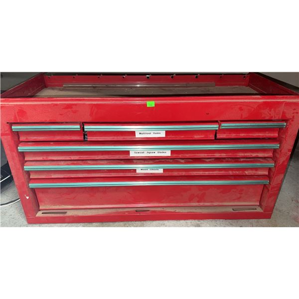 Red Metal Tool Chest with Assorted Hand Tools and Accessories