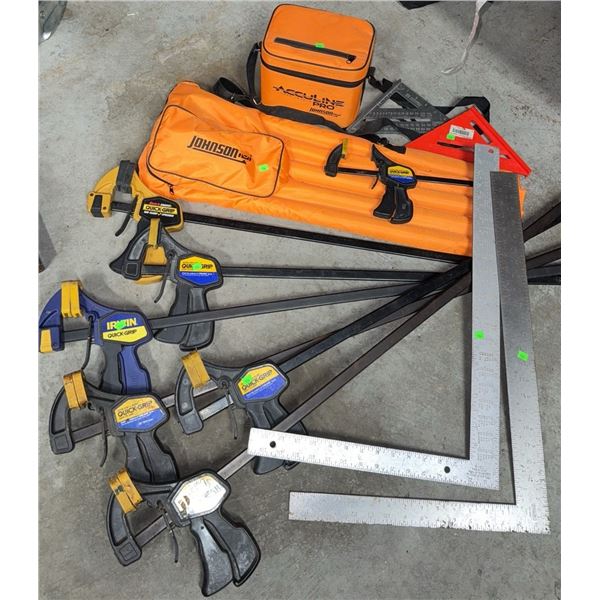 Carpentry Lot with Irwin Quick-Grip Clamps, Johnson Tool Bags, and Squares