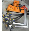 Image 1 : Carpentry Lot with Irwin Quick-Grip Clamps, Johnson Tool Bags, and Squares