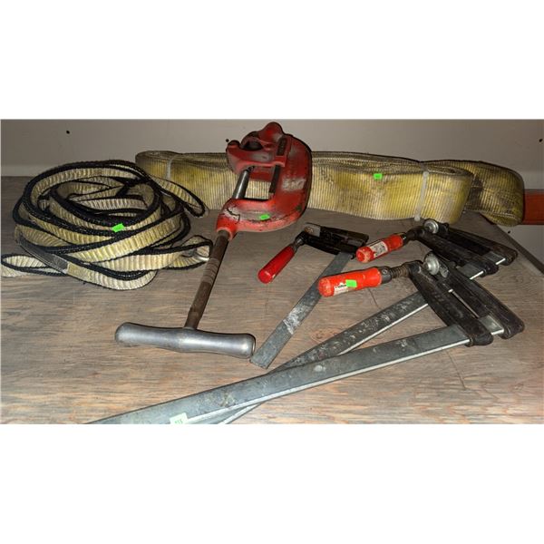 Hand Tools Including Pipe Cutter, F-Clamps, and Web Slings
