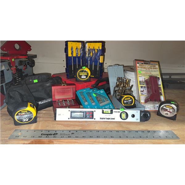 Stanley Tape Measures, ROK Digital Angle Level, Drill Bits, and Tool Bag