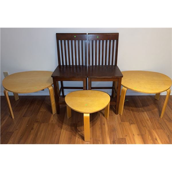 2 Wooden Slat Back Chairs and 3 Round Blonde Wood Tables