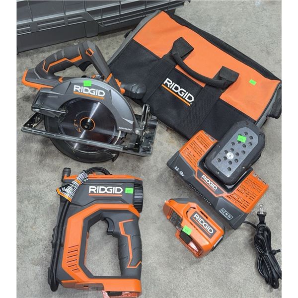 Ridgid 18V Cordless Brushless Circular Saw, Inflator, 18V Battery, Charger and Carrying Bag