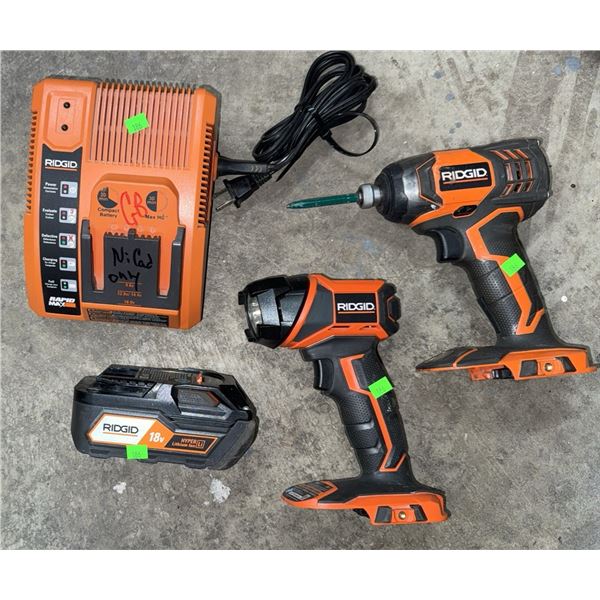 RIDGID 18V Cordless Impact Driver, Flashlight, Charger, and Battery Set