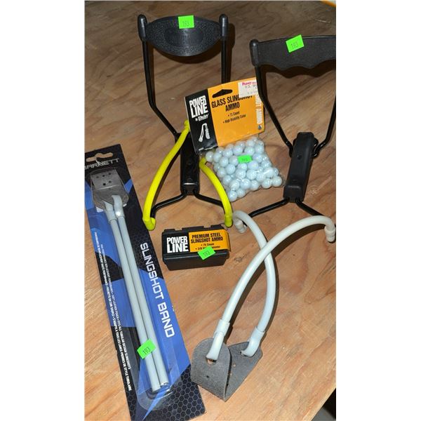 Barnett and PowerLine Slingshots with Extra Bands and Glass Ammo