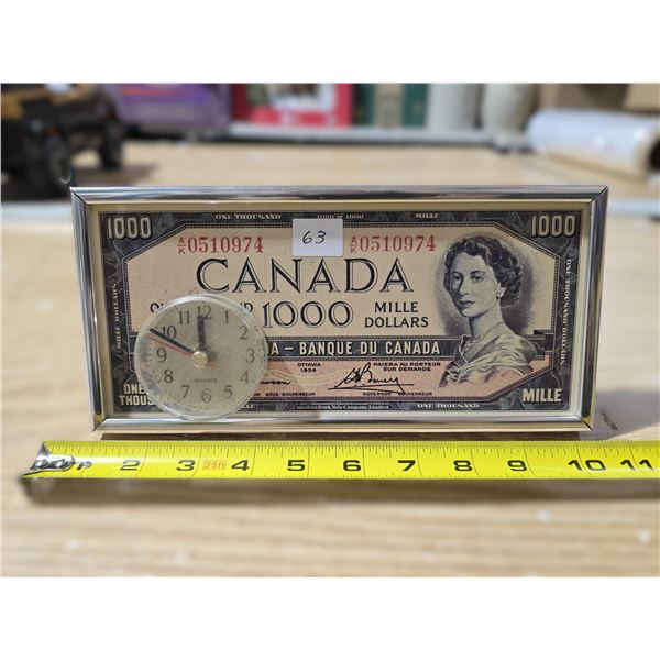 Rare Unique $1000 Bill Clock - Runs Great