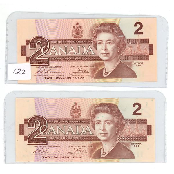 2 - 1986 - $2.00 Notes - Unc