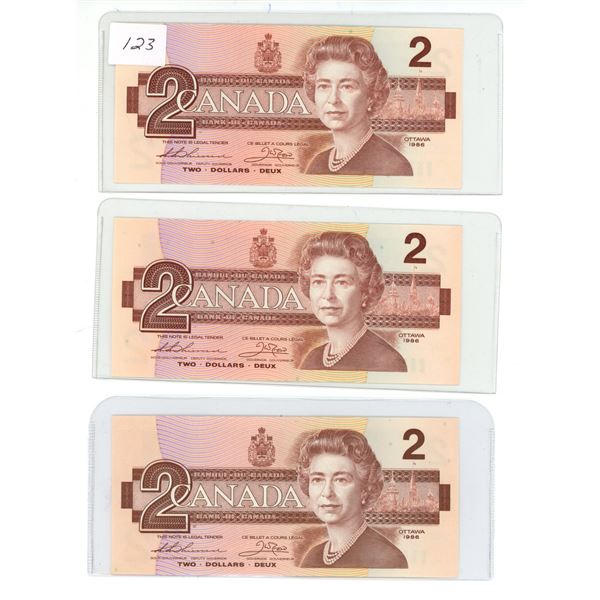 3 - 1986 - $2.00 Notes - Unc