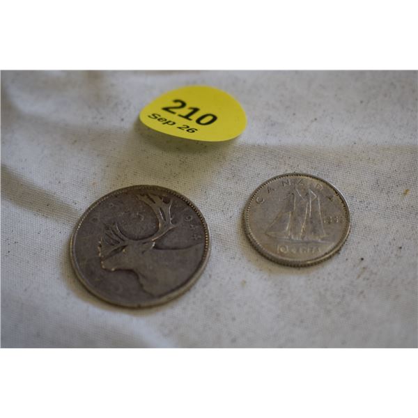 (2) Canada Silver Coins – 1944 Quarter, 1966 Dime