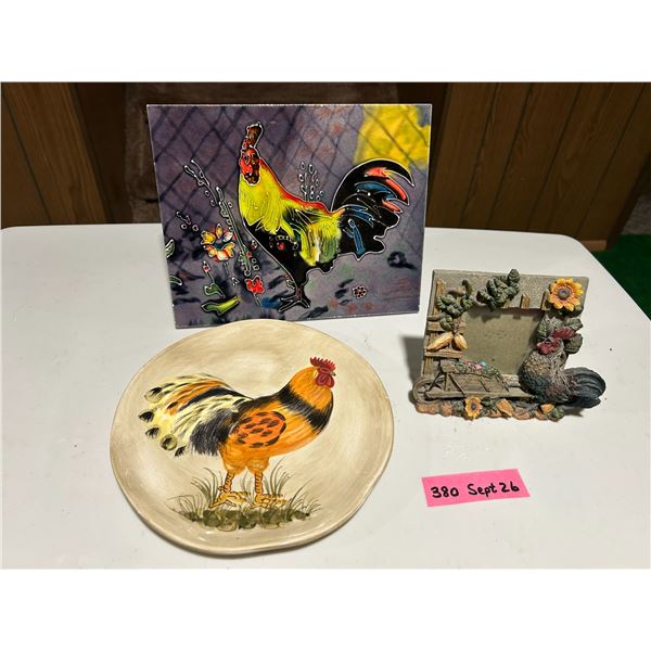 Rooster collectibles – plate, tile with stand and picture frame