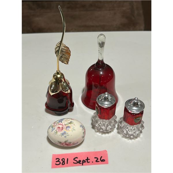 Red glass bell, Waskesiu salt & pepper set, rose perfume bottle and glass egg