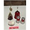 Image 1 : Red glass bell, Waskesiu salt & pepper set, rose perfume bottle and glass egg