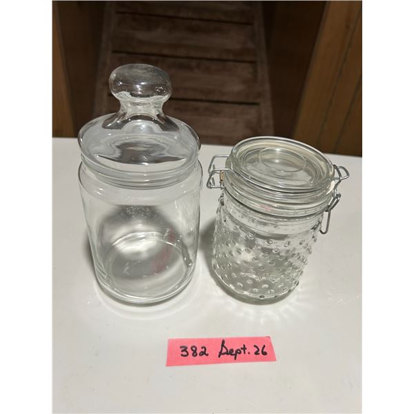 2 glass storage jars (1 plain, 1 hobnail)