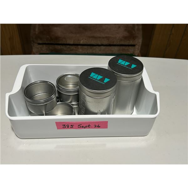 Tea/spice tins and plastic bin