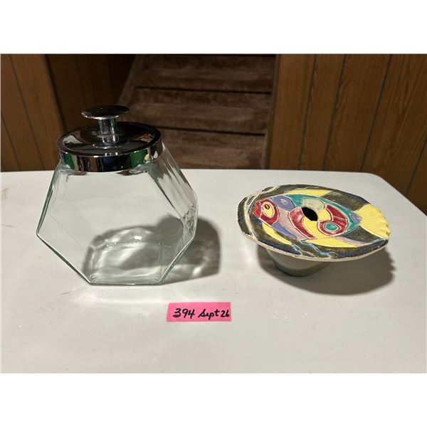 Clear candy dish and “fish” vase with flower arranger insert