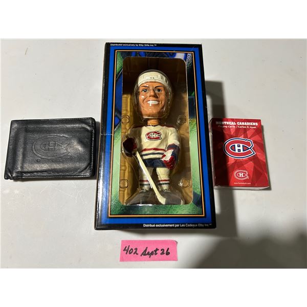 Montreal Canadiens’ collectibles – leather wallet, poker size playing cards and bo