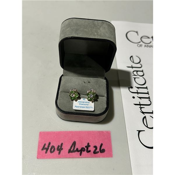 Alexandrite and diamond earrings with 2013 appraisal certificate (cannot verify)