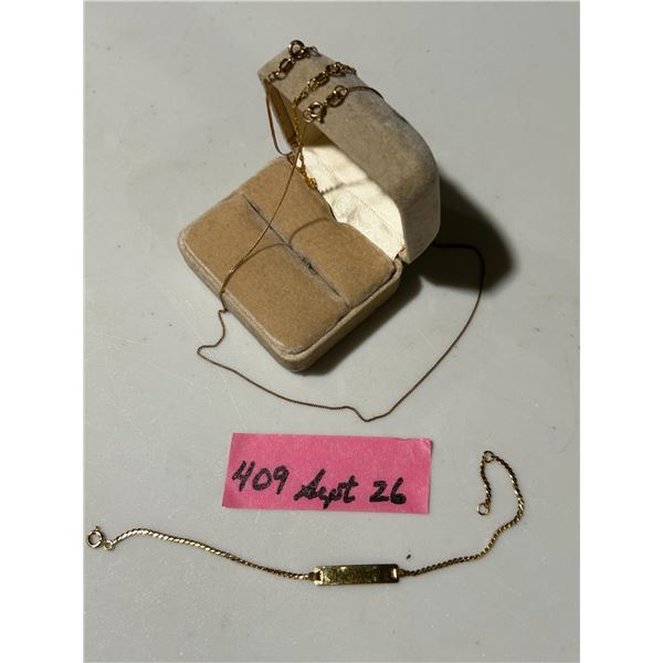Gold bracelets and necklace, mostly 10K, 2.2 g (excluding the ID bracelet)