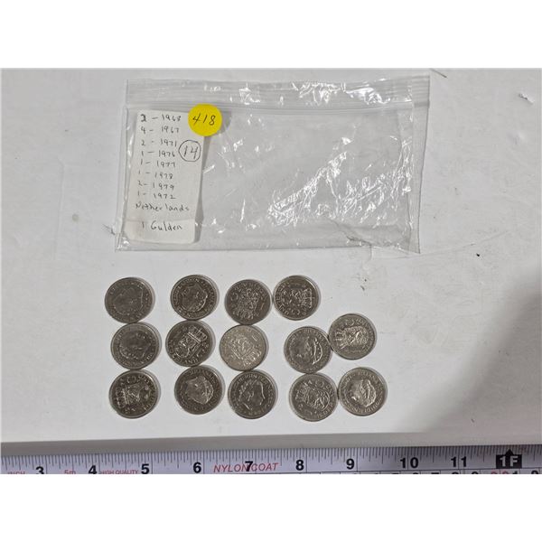 (14) 1960’s-1970’s Netherlands One Gulden Coins